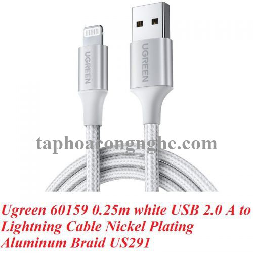 Ugreen 60159 0.25m màu trắng cáp USB 2.0 A ra Lightning MFI đầu bọc nhôm mà nickel chống nhiễu 25cm US291 30060159